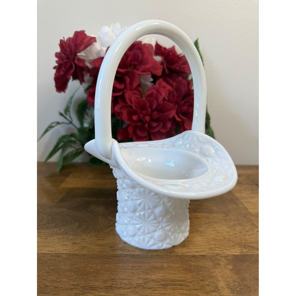 Vintage Milk Glass Daisy and Button Basket White Pedestal Handle Dish‎ MCM Retro